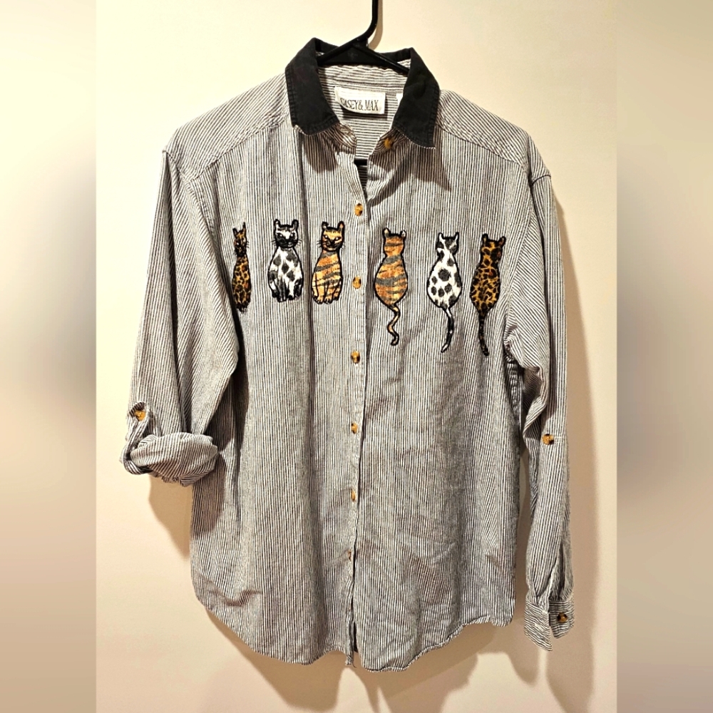 Casey & Max Cat Button Down Long Sleeve Top Size Medium Grey White Black